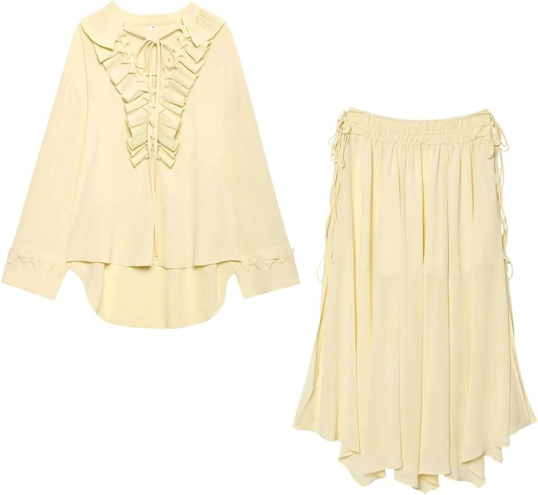 Women Ruffles Lace-Up Blouse Skirt Long Sleeve V-Neck Midi Skirt Two-Piece Set
