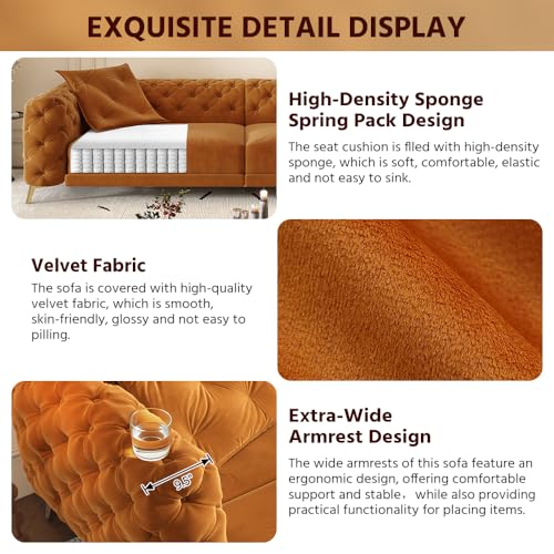 Image of KCGKCG 97.7 inch Sleeper Sofa Bed, Velvet Sectional Couches for Living Room /Bedroom, 3 in 1 Pull Out Couch Bed, Convertible Sectional Couch loveseat Sofa with Movable Ottoman, Orange