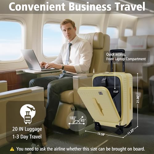 20 Inch Luggage with Spinner Wheels,Expandable Front Opening Suitcase 100% PC Hard Shell TSA Lock, Smooth Rolling Wheels, Lightweight Travel for Men and Women, Y03 Yellow Slightly Larger2
