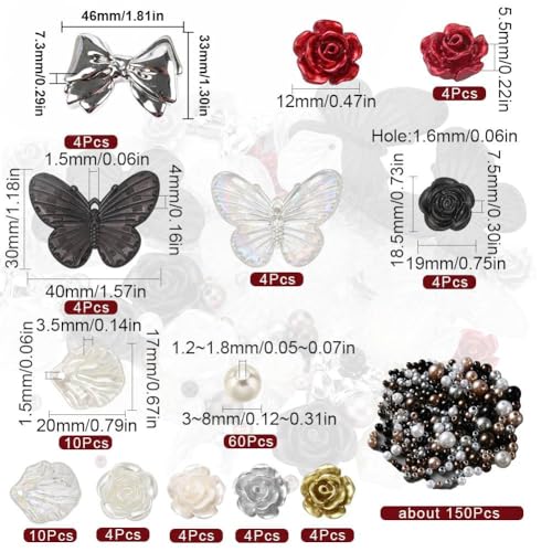 SUNNYCLUE 264Pcs Resin Beads Charms 3D Flatback Assorted Plastic Beads Bulk Black White Gothic Halloween Butterfly Charms Glitter Rose Flower Bead Cabochons Pearl Bead for jewellery Making Kits - Image 2