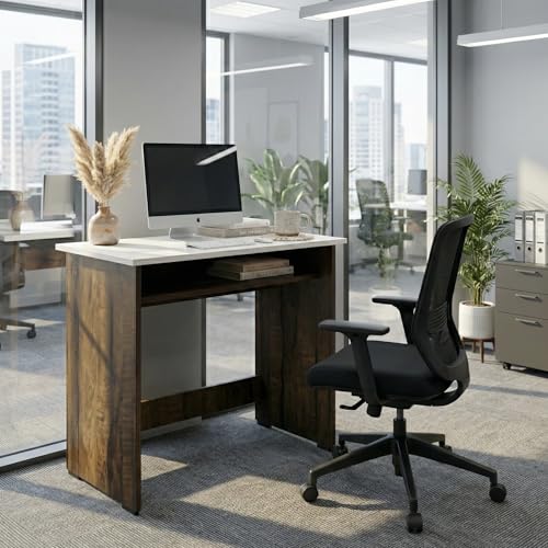 Image of Core Compact Study Table with Under-Desk Storage Shelf | Engineered Wood Dual-Tone Desk for Students & Home Office | Laptop Workstation | 80x45x76.5cm | Dark Walnut & White
