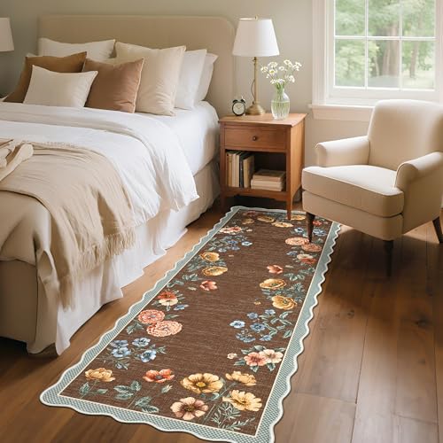 Garvee Floral Botanical 2x6 Runners for Hallways Washable Non Slip Scalloped Kitchen Rugs Low Pile Ultra Thin Stain Resistant Farmhouse Carpet for Bed