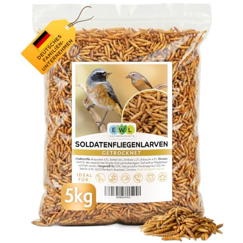 EWL Naturprodukte Soldatenfliegenlarven getrocknet 5 kg (32 5 L) Insektensnack für Vögel Fische Schildkröten Nager Reptilien Vogelfutter Fischfutter Igelfutter Wildvögel ganzjährig