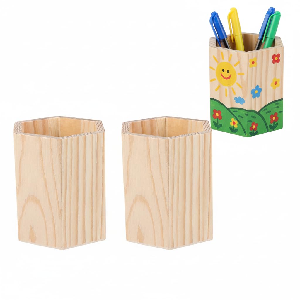 Veemoon 2pcs Unfinished Hexagon Tube Wooden Holder Single Compartment Pencil Pot Blank Organizer Cup Diy Craft Graffiti Case for Classroom Office Bedroom Makeup Brushes and Stationery, 8x10cm