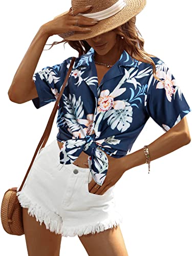 Women Hawaii Shirts: Soft Cool Floral Tropic Print V Neck Summer Tops Short Sleeve Button Up Tops T-Shirt4