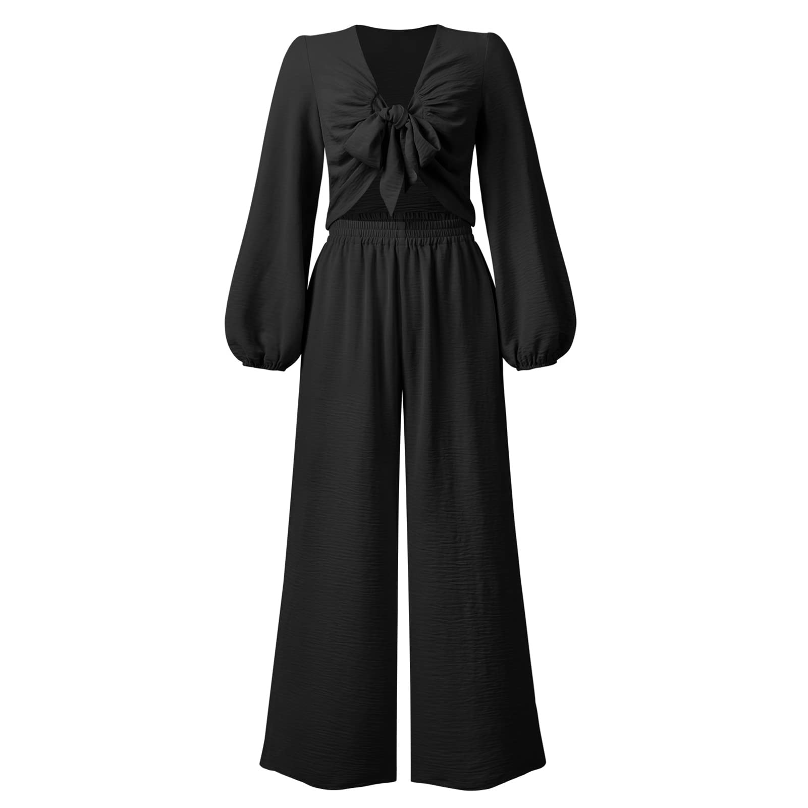 Two Piece Wide Leg Suit Long Sleeve Casual Tie Front Suit for Work,Shopping and Party (M) Black-image-44