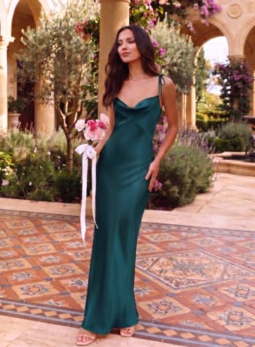 Image of 2026 Satin Cowl Neck Spaghetti Strap Maxi Dress for Women Bridesmaid | Silk,Tie Strap,Slip,Slit,Midi,Wedding Guest,Graduation,Elegant,Cocktail,Vacation,Party