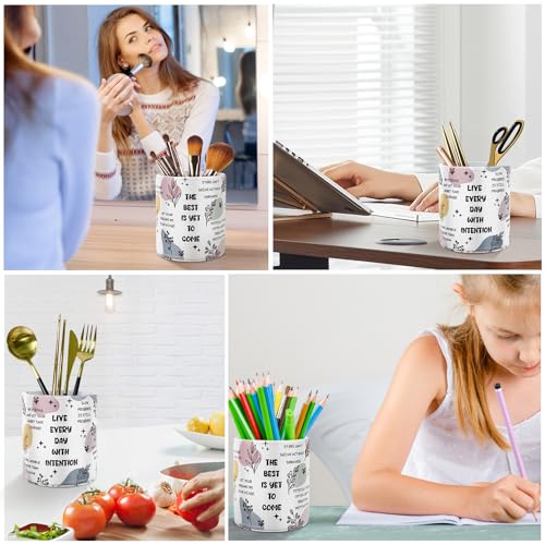 Image of Pen Holder Cute, Pencil Cup, Makeup Brush Holder, Multi-Functional Round Leather Pen Supply Organizer for Teens Adults, Inspiring Words Pattern