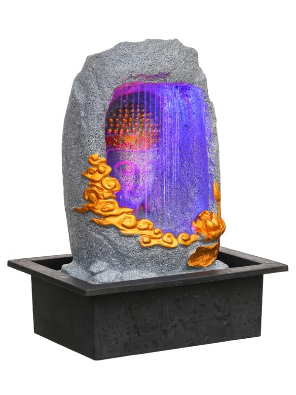 Image of Polyresin Tabletop Grey Meditating Buddha Sitting in Cave Style Indoor Front Curtain Waterfall Fountain for Home Decor with LED Light, Speed Controller Pump (Size: 40 x 22 x 29.5CM)