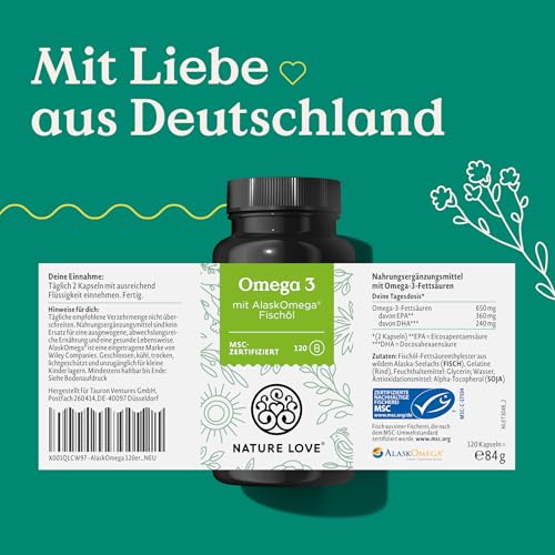 Nature Love Omega 3 - hochdosiert mit 650mg Omega 3 Fettsäuren je Tagesdosis - 120 kleine Kapseln mit Spitzenrohstoff AlaskOmega® (MSC-zertifiziert) - ohne Zusätze in Deutschland produziert 5