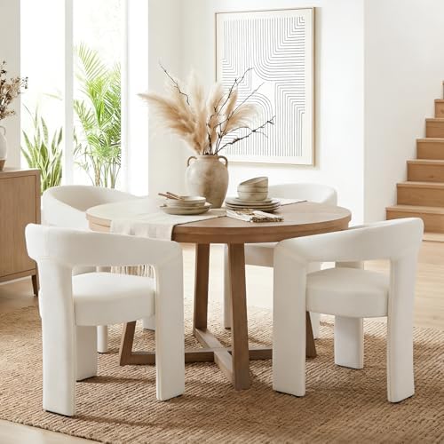 Tmsan Beige Modern Boucle Barrel Dining Chairs Set of 4, Sherpa U...
