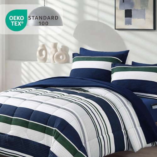 Image of Monbix Queen Comforter Set - 7 Pieces Bed in a Bag Queen, Indigo Blue-Stripe Bedding Sets, All Seasons Comforter Bed Set with Sheets, Pillowcases & Shams