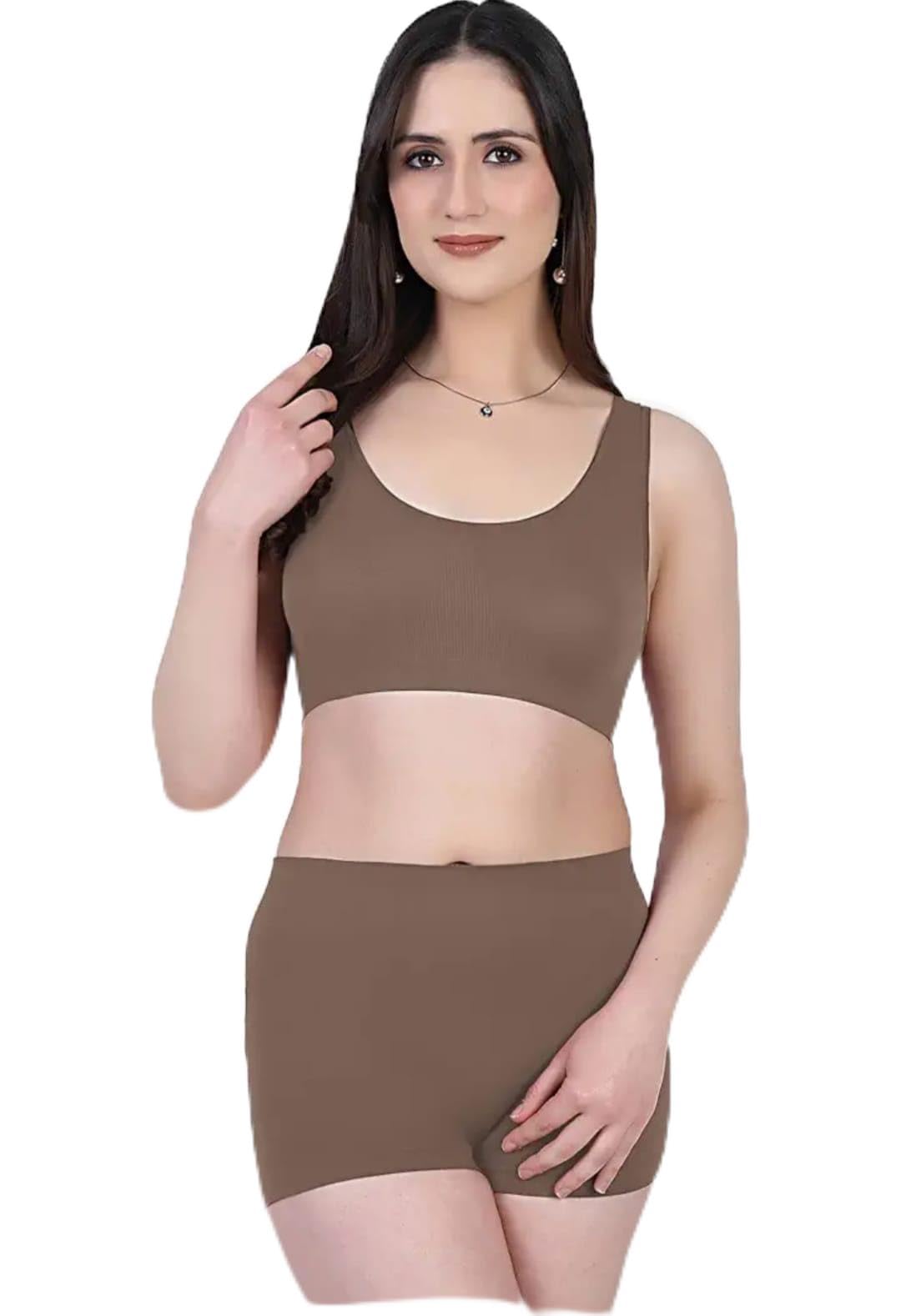 Shiv NURI Women Seamless Shapewear Set Brown Sports Bra & Shorts-picture-36