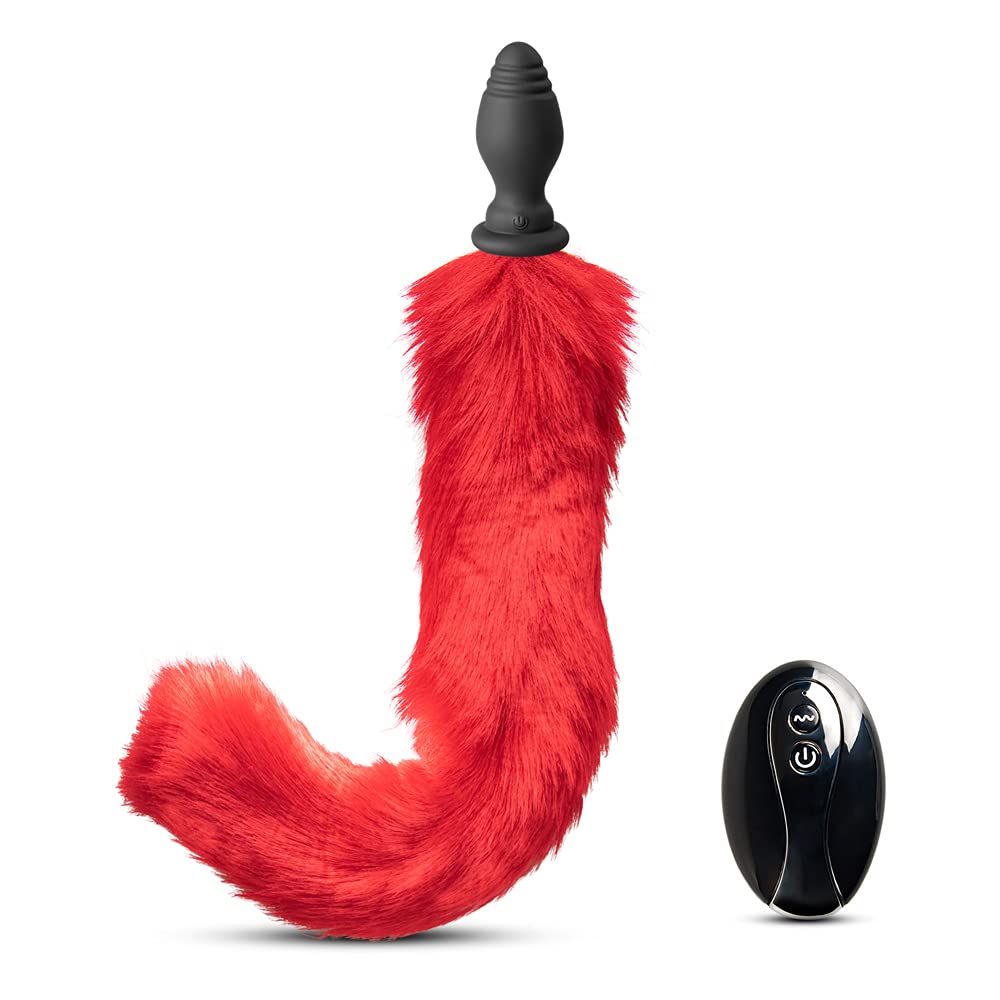 BeHorny Animal Tail Butt Plug 10 Speeds Remote Control Rechargeable Vibrating Butt Plug, Red