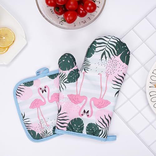 Ofenhandschuhe Topflappen Set Backofen Handschuhe Set Hitzebeständig Backhandschuhe Topflappen Handschuh Anti-Rutsch Topfhandschuhe Für Kochen Backen Barbecue (Flamingo)