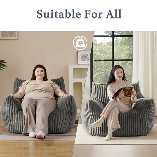 Giant Plush Bean Bag Chair for Adults with Armrests - Oversized Comfy Light Grey Beanbag Lounge Lazy Floor Sofa Accent Chair for Living Room, Bedroom & Dorm, Cozy Fluffy Single Cloud Mini Couch