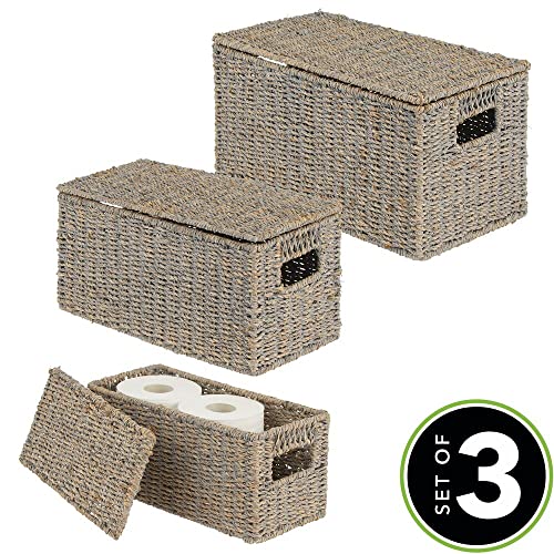 Mdesign Natural Woven Seagrass Closet Storage Organizer Basket Bin With Removeable Lids To Use In Closet, Bedroom, Bathroom, Entryway, Office - Set Of 3 - Gray Finish #TOP1