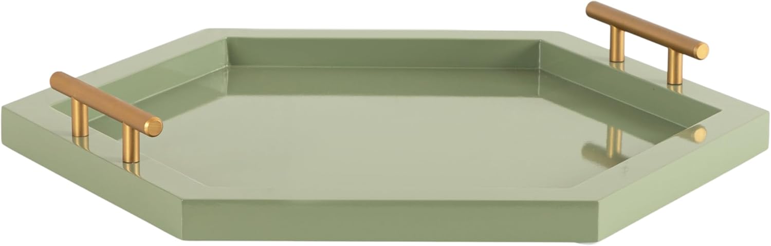 Kate and Laurel Halsey Decorative Hexagon Tray with Gold Metal Handles; 18 x 16; Green and Gold; Modern Glam Serving Tray with Handles for Living Room Decor