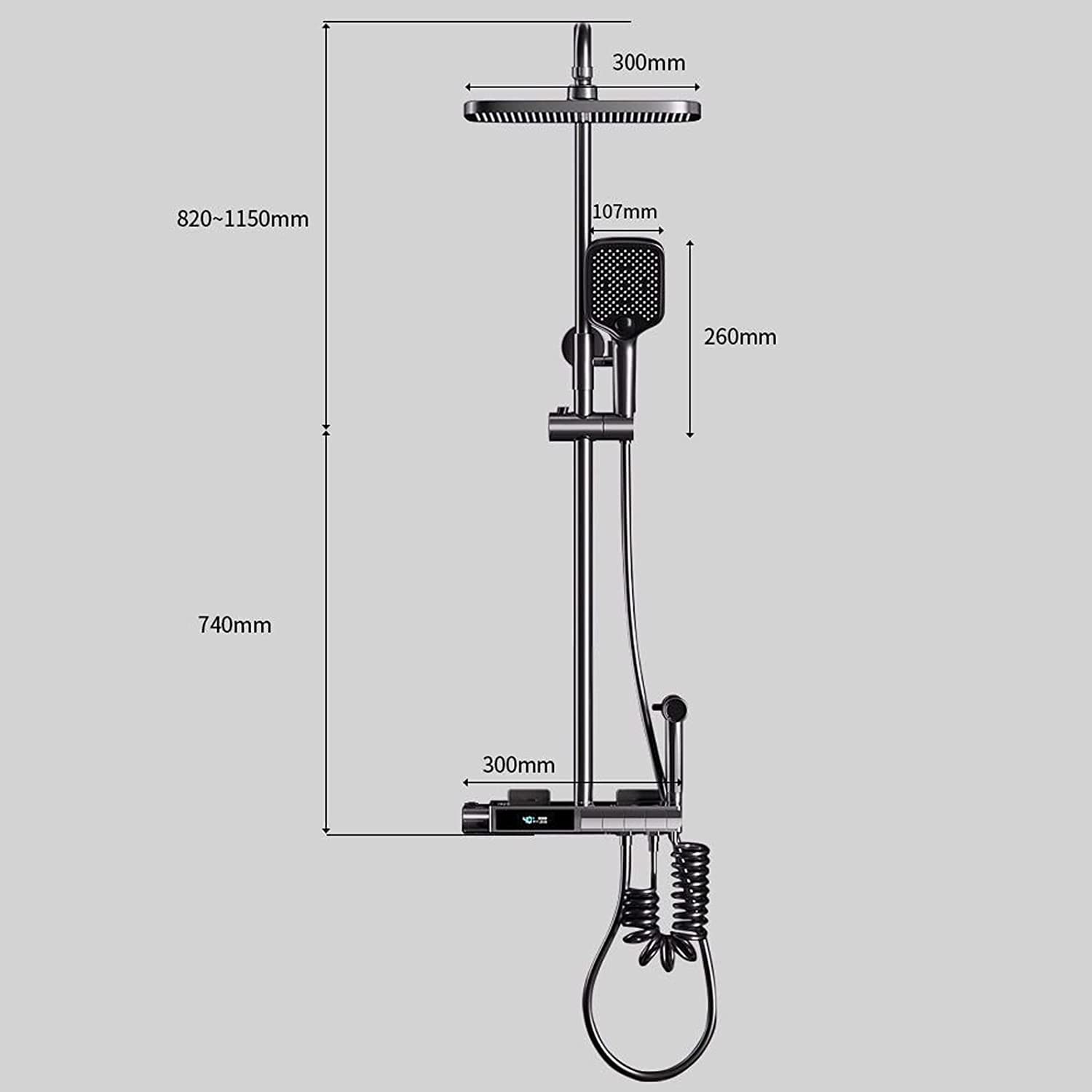 Doccia portatileSistema Doccia termostatico, Montaggio a Parete, Display della Temperatura, Set Rubinetto, rubinetti a Vista a 4 funzioni, con doccetta, beccuccio per Vasca e Bidet