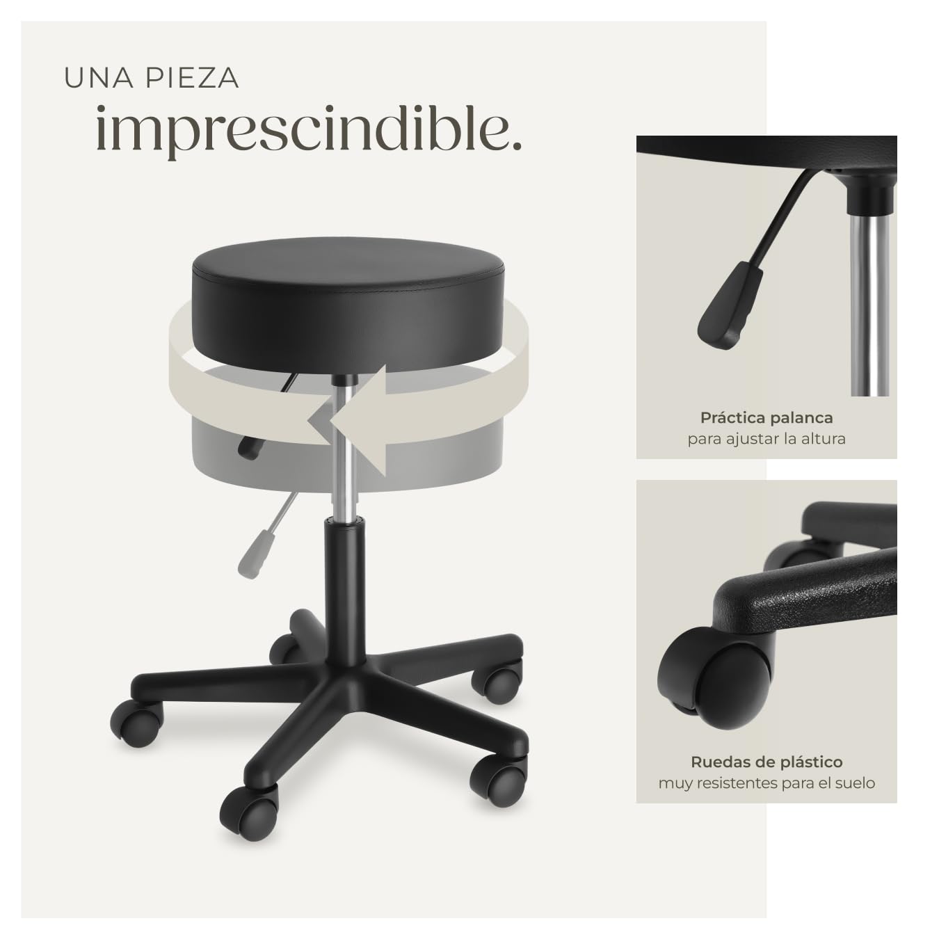 tectake® Taburete Regulable y Giratorio con Ruedas, Ideal como Taburete Cocina, Banqueta o Banquetas Cocina, Cómodo y Práctico para Taburetes con Ruedas - 48 x 48 x 63 cm Negro