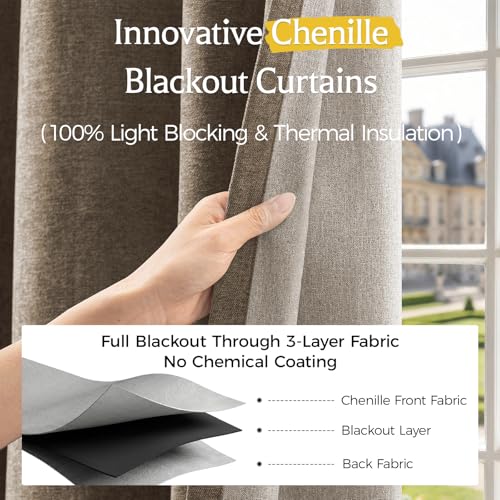 Image of 100% Blackout Curtains for Bedroom, Luxury Chenille Thermal Insulated Drapes for Living Room, Energy Saving Room Darkening 96 Inch Long Curtains, Grommet Top, 2 Panels, 52 inch W x 96 inch L, Brown