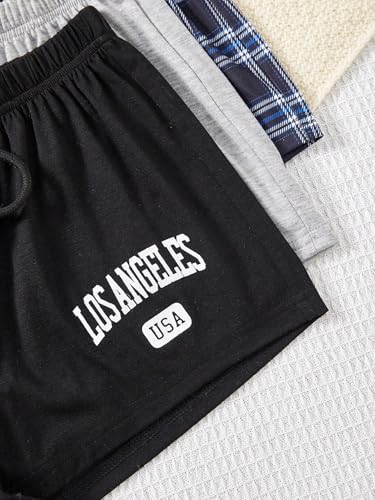 Image of WDIRARA Women's 3 Pack Plaid Letter Graphic Pajama Shorts Lounge Shorts | Elastic Waist ,Comfortable,Home Living,Sleepwear