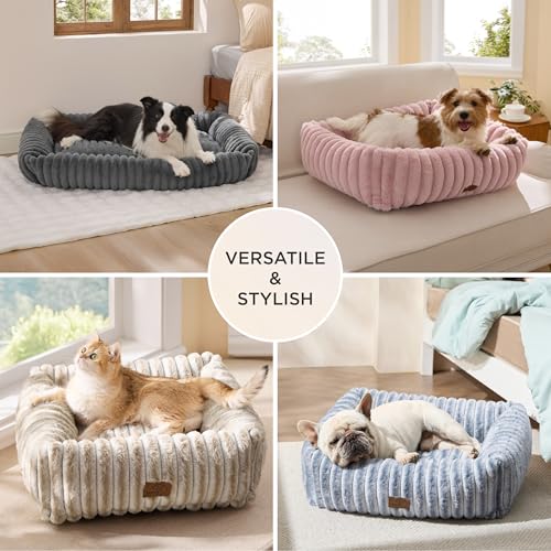 Image of Bedsure ComfyFleece Cute Dog Bed Medium Large Size Dog Washable,33in Cream | Furry Big Pet Beds,Square Rectangle Orthopedic Corduroy Aesthetic,Removable Zipper Cover,Non-Slip Bottom,Up To 50 Lbs