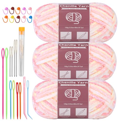 Image of LUNARM Chenille Yarn for Crochet Knitting Chunky Blanket Velvet Yarn | 3 Pack 3.5oz /100g 263 Yard Peach Pink Gradient Yarn for Beginners Knitting Scarves with Big Eye Needles Machine Washable