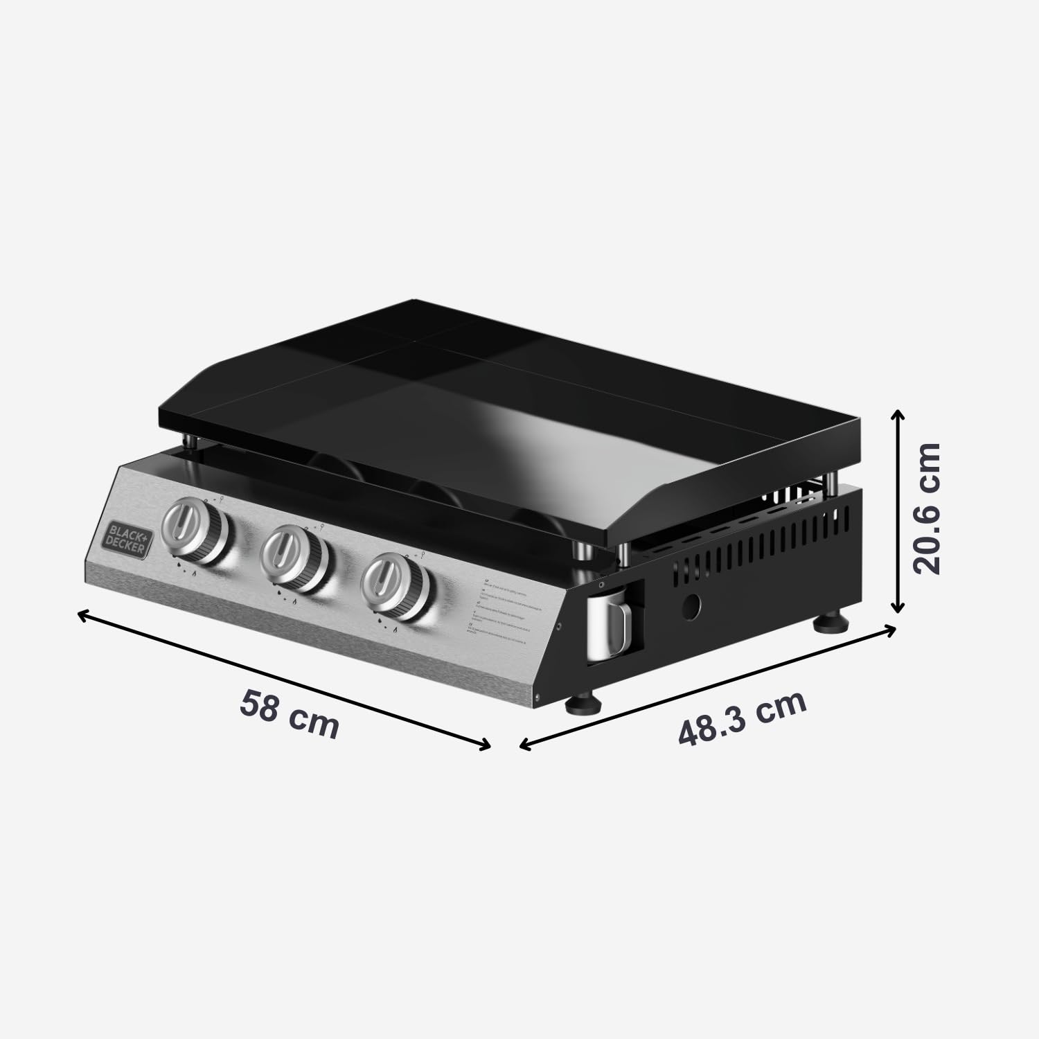 Black+Decker – Plancha de gas BXOP7350E | 3 quemadores | Parrilla de acero | Amplia superficie de cocción | 12 Personas | Para bombona gas estándar España/Italia | Patas Ajustables | Limpieza Fácil