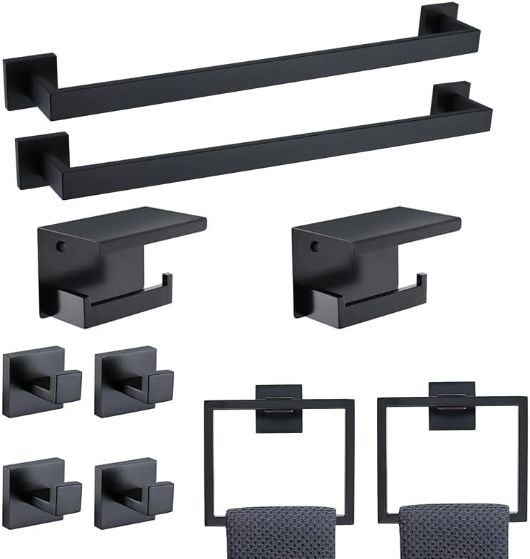 23.6 Inch SUS304 Stainless Steel Bathroom Hardware Set - 10-Piece Wall-Mounted Towel Bar, Holder & Racks - Matte Black