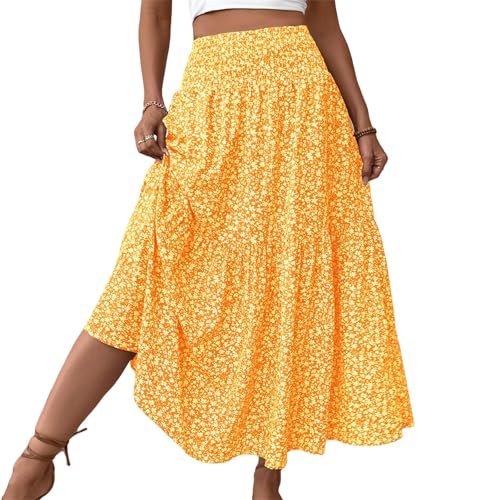 Women's Summer Floral Maxi A-Line Boho Skirt, Summer for Women 2025 Vacation Boho Floral Tiered (1,Yellow Flower)