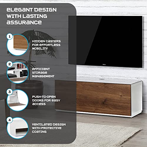Image of SONOROUS ST-110 Premium TV Stand with White Glass & Walnut Wood Cover - Modern Entertainment Center & Media Console for Living Room - TV Cabinet up to 65 Inch with Hidden Wheels - Sleek Storage Design