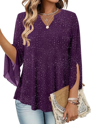 KISSMODA Womens Ruffle 3/4 Sleeve V Neck Tunic Tops Double Layers Mesh Blouses Dressy Trendy Shirts A Purple