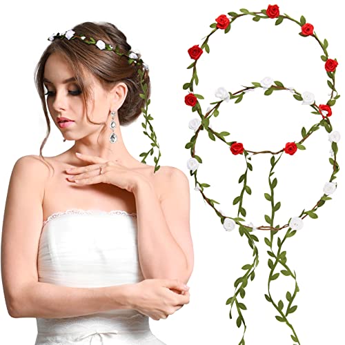 BETESSIN 2Pcs Blumenkranz Haare Blumenkrone Damen Mädchen Boho Blumen Haarband Braut Rosen Haarreif Stirnband mit Blättern Hochzeit Party Kommunion Geburtstag Kopfschmuck Rot Weiß