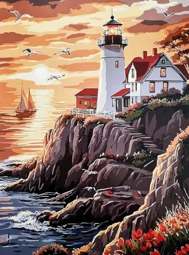 KUSTOM ART Poster Decorativo da Parete Serie Paesaggi e Città Casa con Faro Promontorio Tramonto Stampa Artistica su Cartoncino 40x30cm Senza Cornice