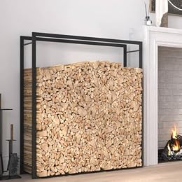 Homgoday Firewood Rack Matt Black 110x28x116 cm Steel, Firewood Log Rack, Firewood Storage Rack Shelf, Ventilation Metal Log Store Holder for Outdoor or Indoor Wood Stand