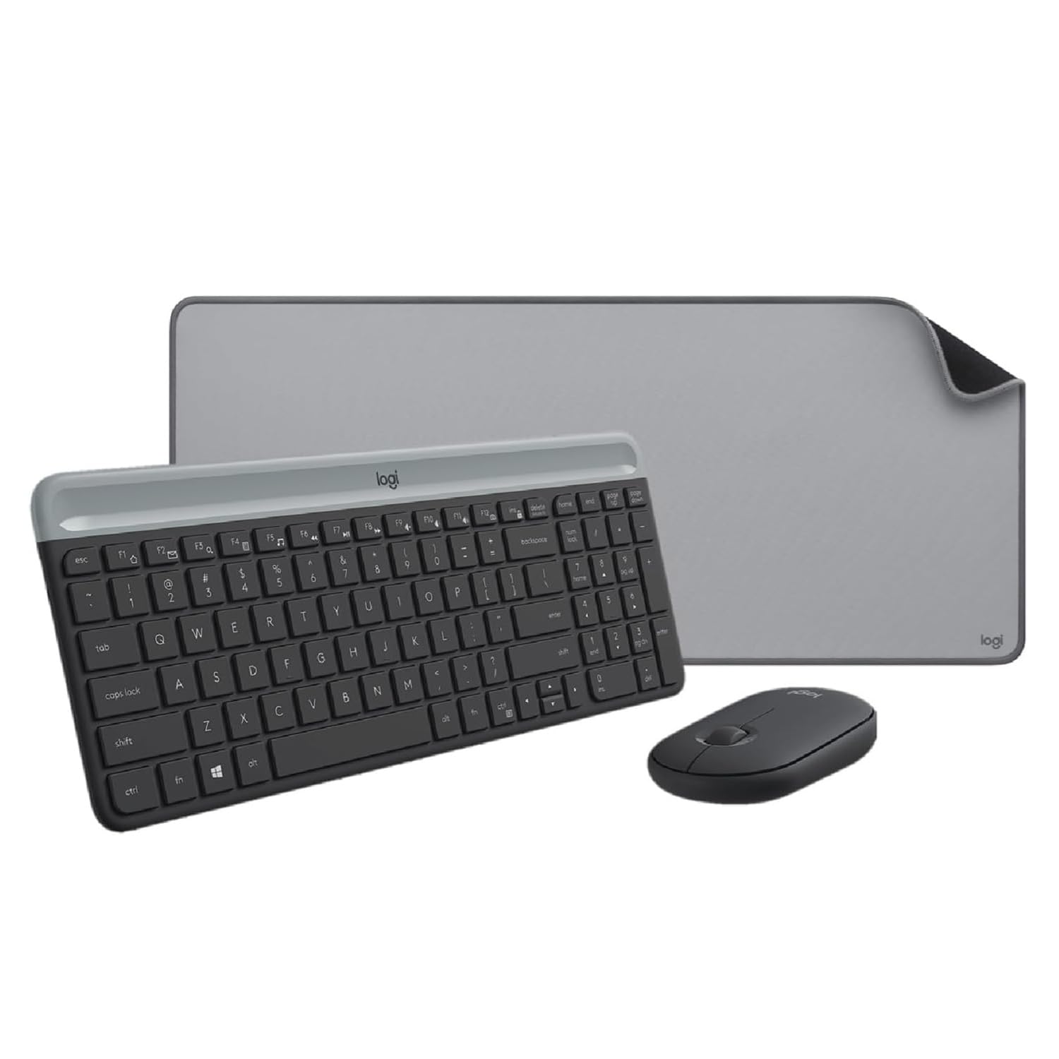 Logitech Desk Mat - Studio Series, Wielofunkcyjna duża mata na biurko, szeroka podkładka pod myszkę, MK470 Smukła klawiatura i mysz bezprzewodowa, zgodność z Windows, US INT'L - Czarny