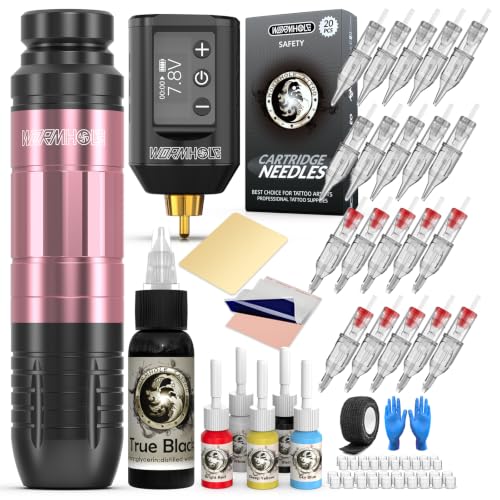 Image of Wormhole Tattoo Gun Kit, 1500mAh Battery Wireless Tattoo Machine Kit Complete Tattoo Practice Kit 20PCS Tattoo Needles Rechargeable Cordless Tattoo Power Supply for Tattooist WTK260