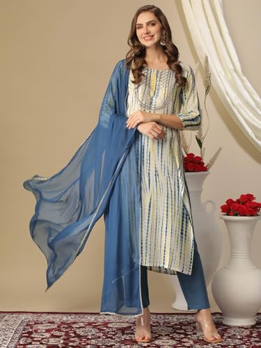 Image of GoSriKi Women's Rayon Blend Straight Printed Kurta with Pant & Dupatta