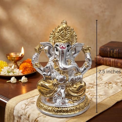 Image of Gold Plated Ganesh Idol | Ganpati Murti for Car Dashboard, Office Desk, Hindu God Gift & Home Decor - Resin (Silver - 2.5 in)