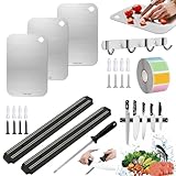 3 Stück Schneidebrett Edelstahl 23,5x14,5cm Titan Schneidebrett Testsieger,2 Messerleiste Magnetisch,33cm Magnetschiene für Messer,29cm Wetzstahl für Messer,mit Haken,Wasserdicht Etiketten,für Küche