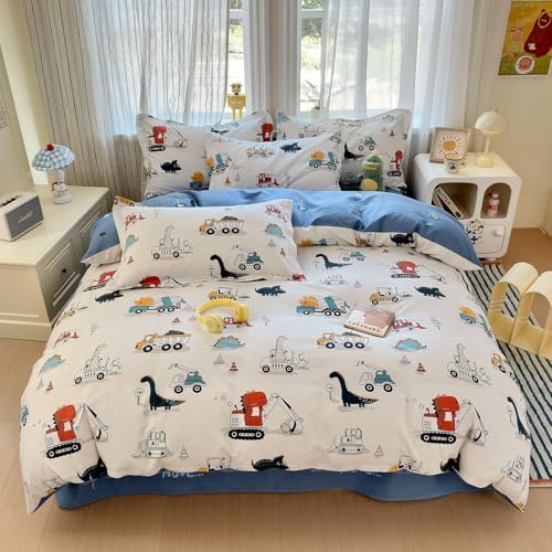 Image of Lunoroey Kids Construction Duvet Cover Set 100% Cotton Bedding Single Size Dinosaur Digger Construction Site Vehicle Print Quilt Cover Comforter Cover Set