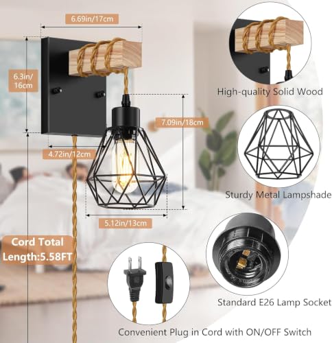 Image of Lomoky Farmhouse Wood Wall Sconces with Plug in Cord, Black Wall Sconces Set of Two, Wall Lamps that Plug into Wall Outlet, Vintage Sconce Lighting Wall Decor for Bedroom Living Room, with 5.58FT Cord