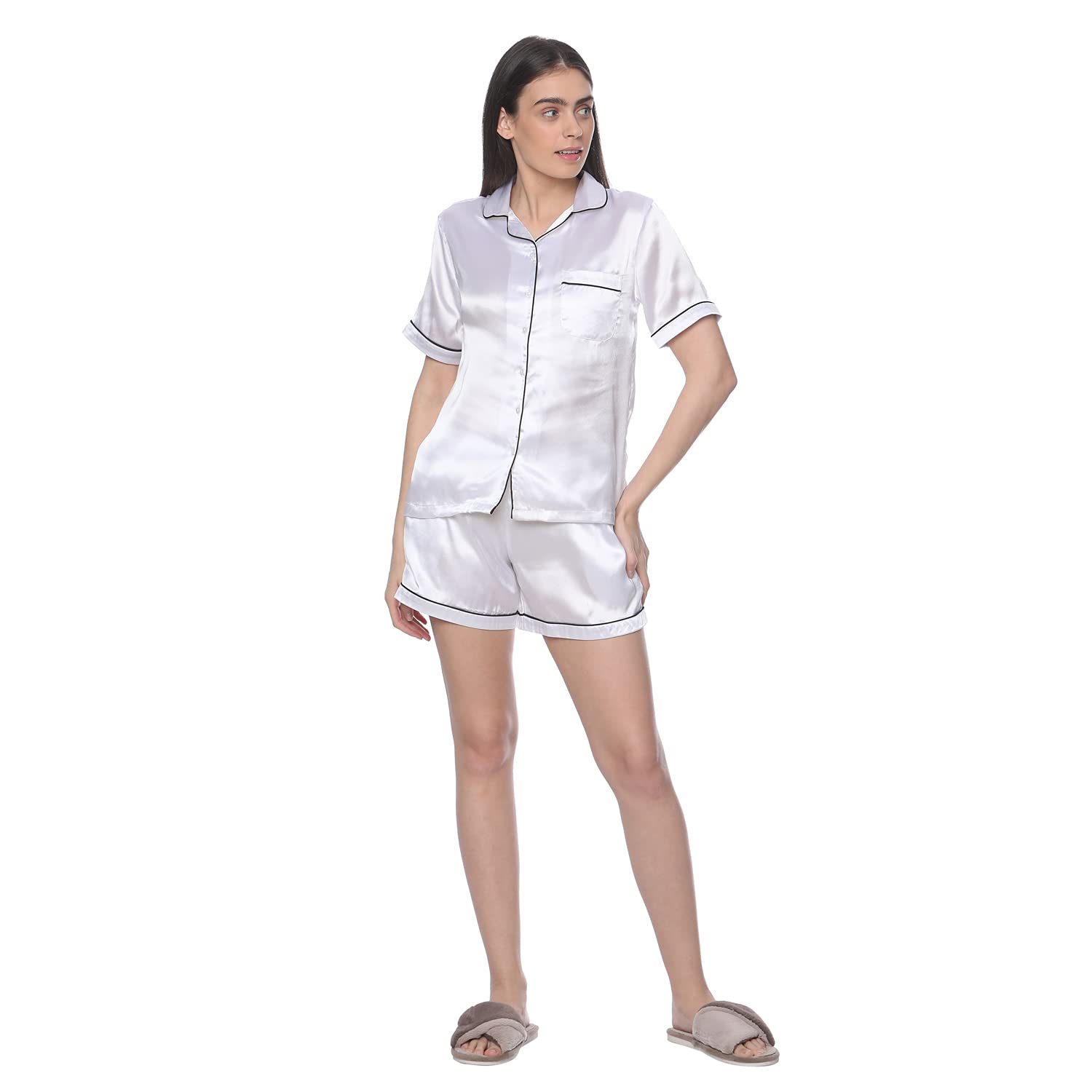 Ashtag| Elegant Nightsuit | Satin | Shorts Have Pockets and a Soft Elastic | Holiday or Party | White | XL