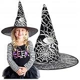 KRUMAD Halloween Hexenhut Damen Kinder, Schwarzer Hexenhut mit Spinnennetz mit Spinne Motiv, Spitzer Zaubererhut für Hexenkostüm, Karneval, Fasching, Party Deko Kostüm Zubehör