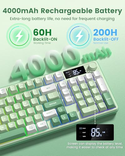 Image of Keymatic Gaming Keyboard Wireless Creamy Keyboard with Media Knob & Screen Cute Keyboard Mechanical Feeling with Number Pad RGB Backlit Tri-Mode BT /2.4GHz /USB-C - Green
