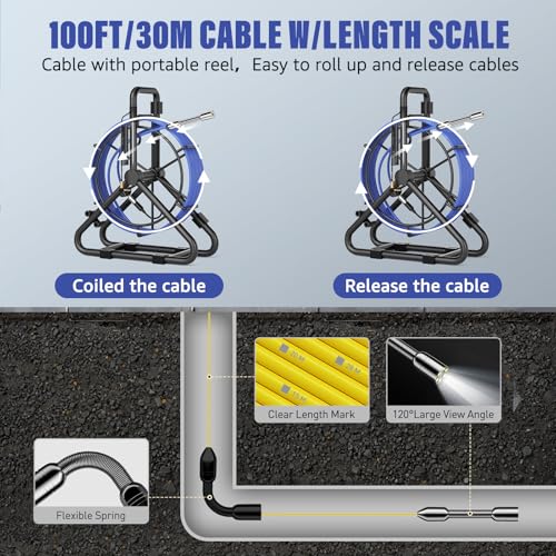 Cámara de Alcantarillado 100FT, 5'' HD1080P con DVR-32GB Cámara de Inspección de Drenaje 5000mAh miniatura 4