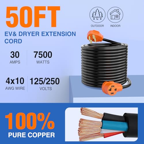 Image of Nilight 50FT EV Dryer Extension Cord 4 Prong 30 Amp NEMA 14-30P 14-30R Old Cable Heavy Duty 10 Gauge Pure Copper Wire UL Listed 125 /250V for Level 2 Using