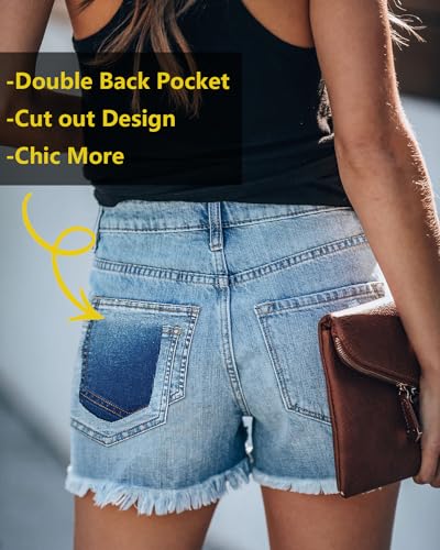 Image of onlypuff Women Denim Shorts Ripped Mid Waisted Jean Shorts with Pockets