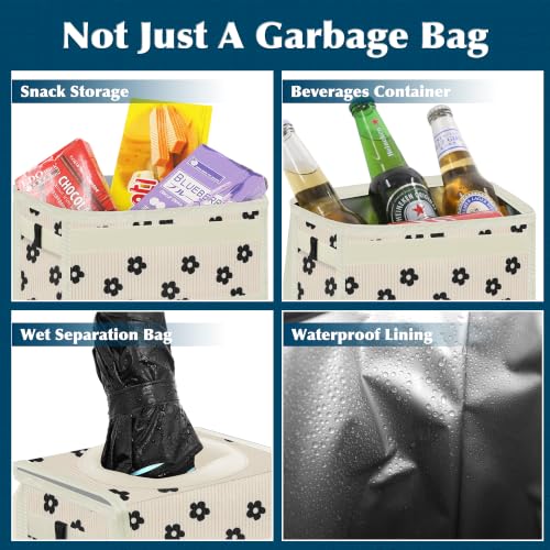 Image of Femuar Leak Proof Car Trash Can with Lid, Collapsible Hanging Waterproof Car Trash Bag with Mesh Pocket for SUV Front Seat Headrest, Beige Flower